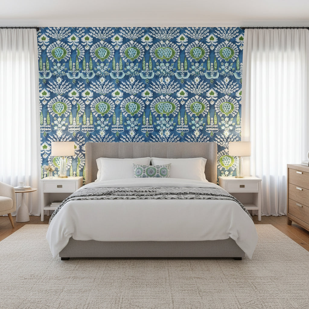 MENDOZA SUZANI Blue and Green on Navy | Thibaut Wallcoverings - Bedroom Visualization (AI-generated, may not be to scale. Verify pattern scale with product specifications.)