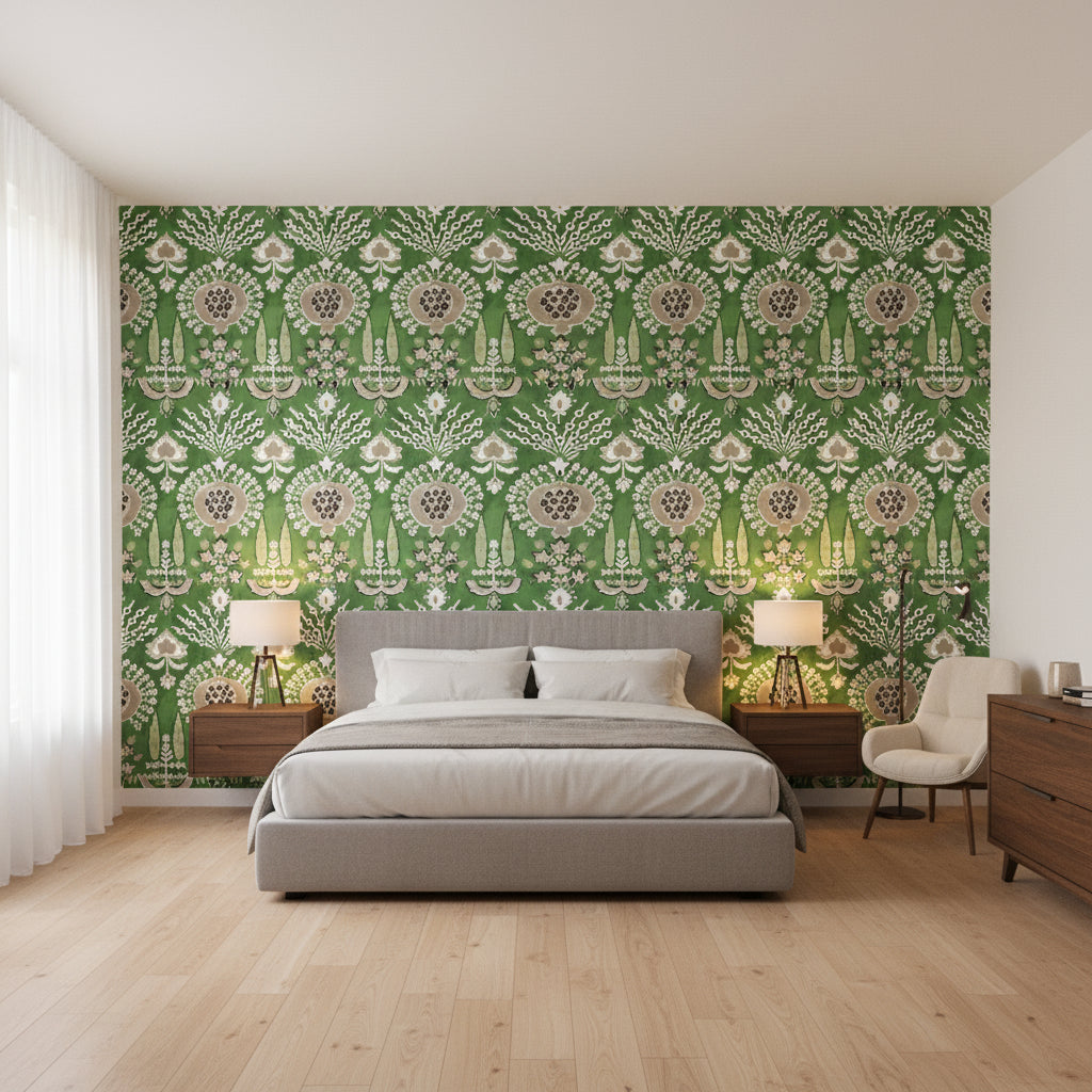 MENDOZA SUZANI Green | Thibaut Wallcoverings - Bedroom Visualization (AI-generated, may not be to scale. Verify pattern scale with product specifications.)
