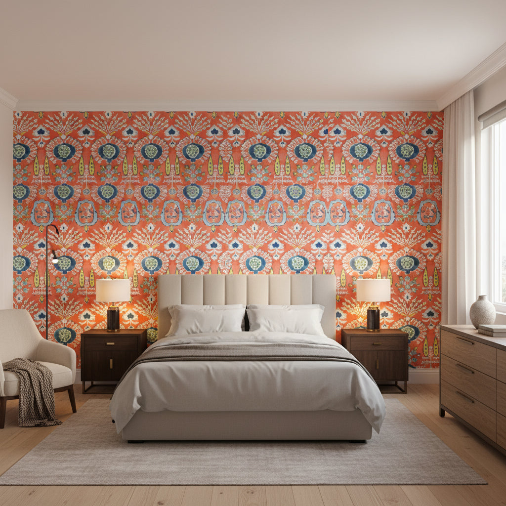 MENDOZA SUZANI Coral | Thibaut Wallcoverings - Bedroom Visualization (AI-generated, may not be to scale. Verify pattern scale with product specifications.)
