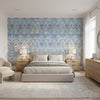 MENDOZA SUZANI French Blue and Lavender | Thibaut Wallcoverings - Bedroom Visualization (AI-generated, may not be to scale. Verify pattern scale with product specifications.)