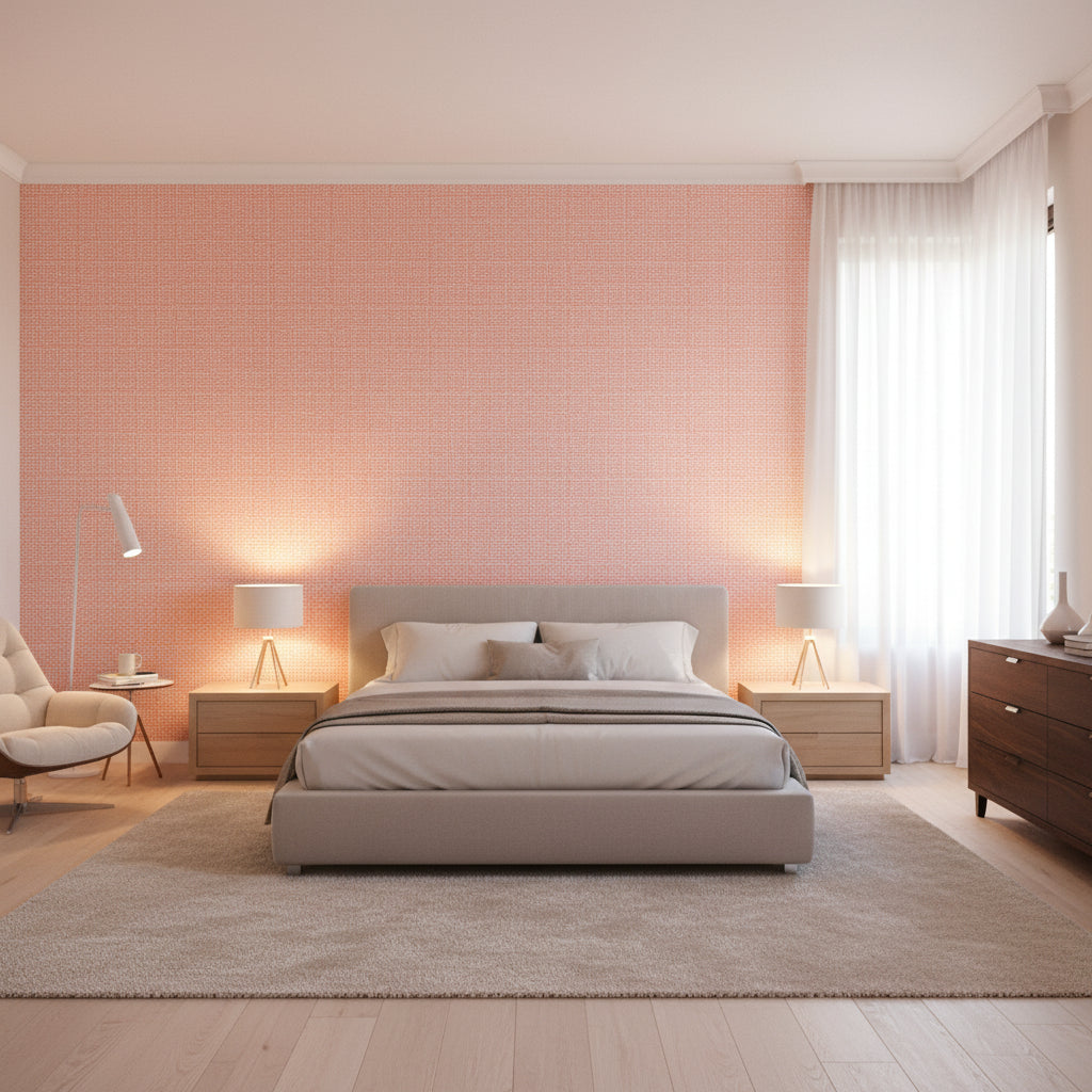 PALAWAN Coral | Thibaut Wallcoverings - Bedroom Visualization (AI-generated, may not be to scale. Verify pattern scale with product specifications.)