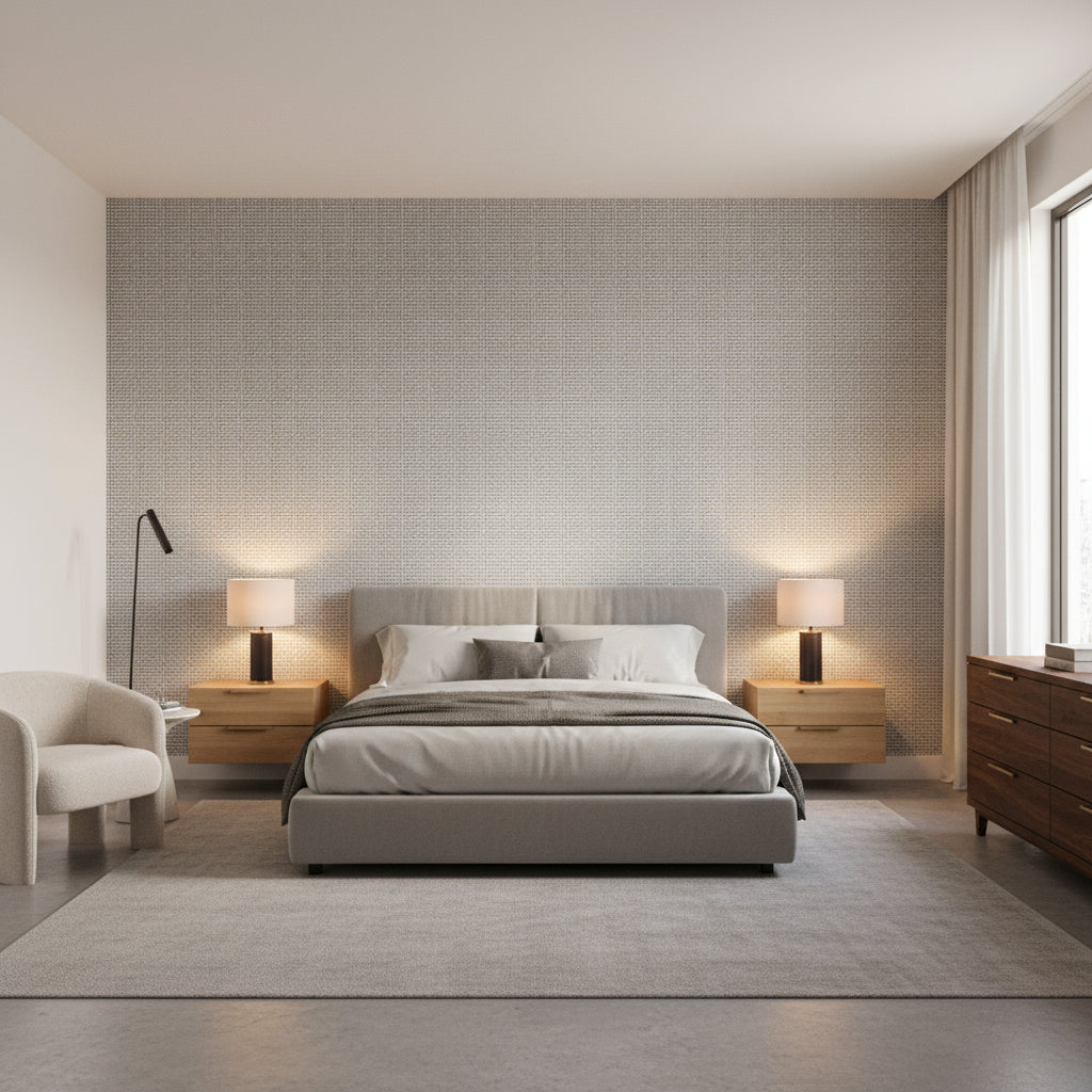 PALAWAN Charcoal | Thibaut Wallcoverings - Bedroom Visualization (AI-generated, may not be to scale. Verify pattern scale with product specifications.)