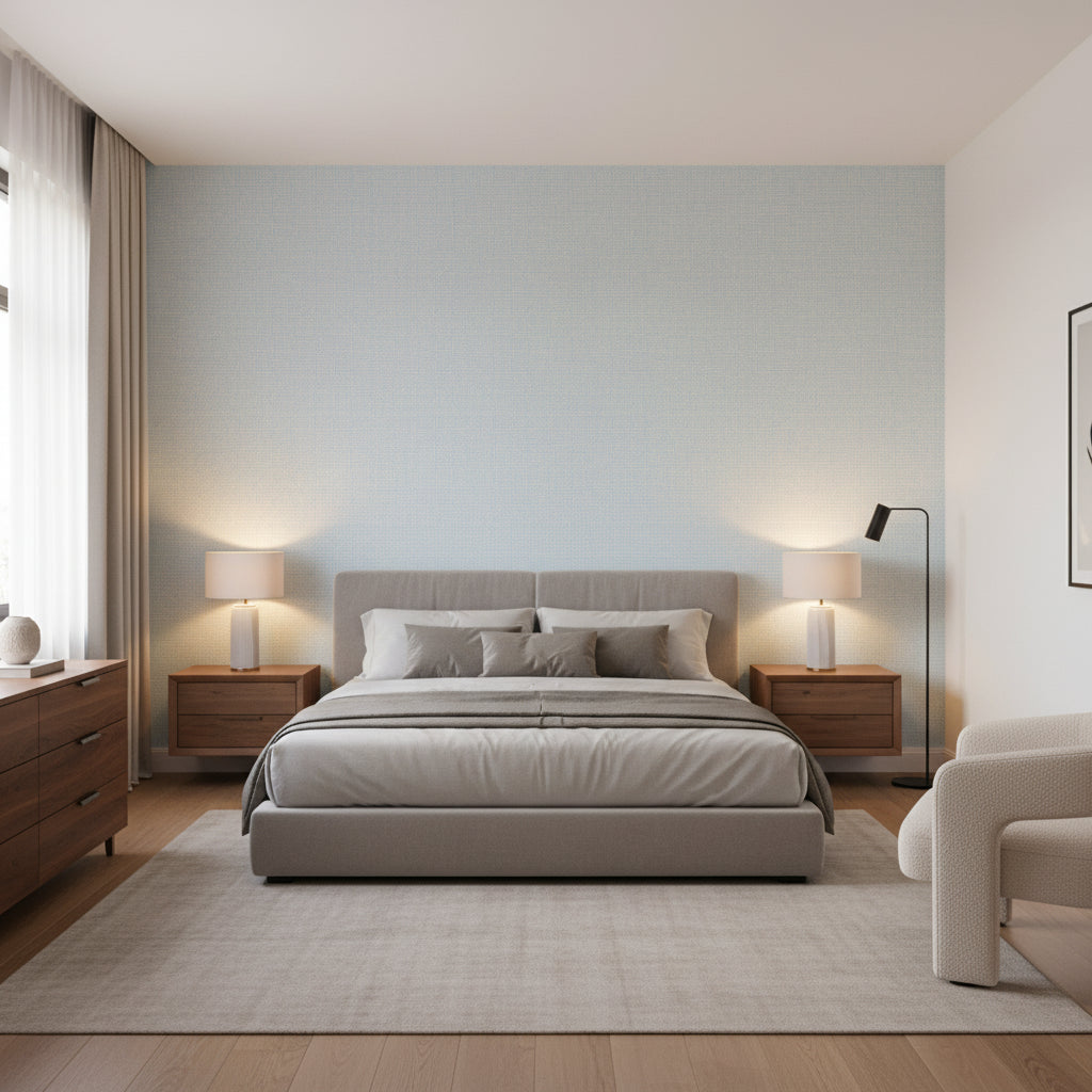 PALAWAN French Blue | Thibaut Wallcoverings - Bedroom Visualization (AI-generated, may not be to scale. Verify pattern scale with product specifications.)