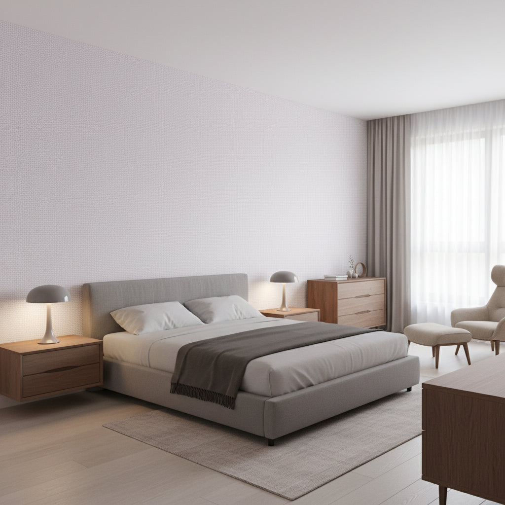 PALAWAN Lavender | Thibaut Wallcoverings - Bedroom Visualization (AI-generated, may not be to scale. Verify pattern scale with product specifications.)