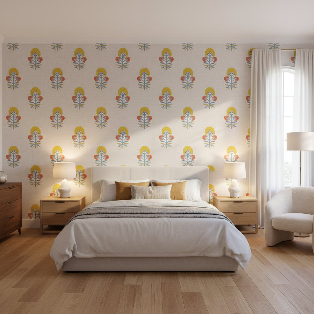 TYBEE BUD Coral and Yellow | Thibaut Wallcoverings - Bedroom Visualization (AI-generated, may not be to scale. Verify pattern scale with product specifications.)