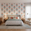 TYBEE BUD French Blue and Coral | Thibaut Wallcoverings - Bedroom Visualization (AI-generated, may not be to scale. Verify pattern scale with product specifications.)