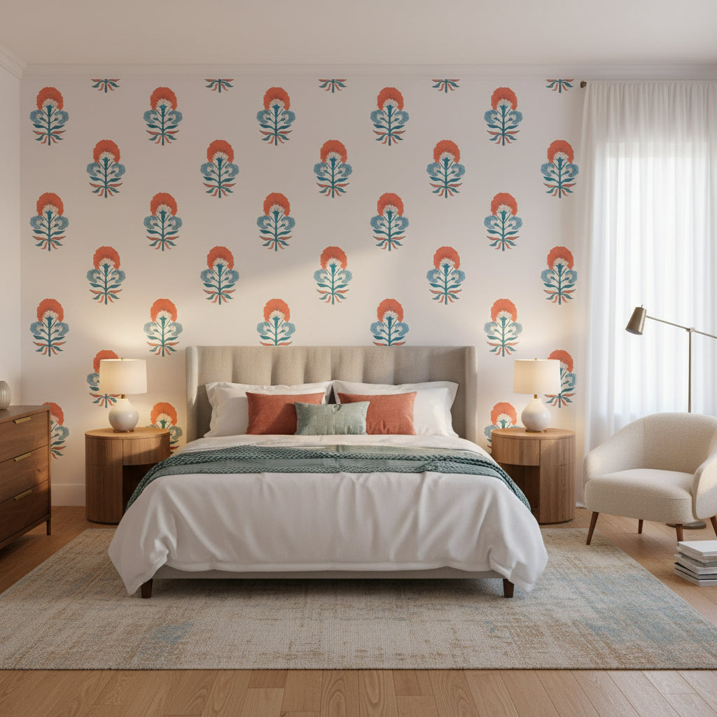 TYBEE BUD French Blue and Coral | Thibaut Wallcoverings - Bedroom Visualization (AI-generated, may not be to scale. Verify pattern scale with product specifications.)