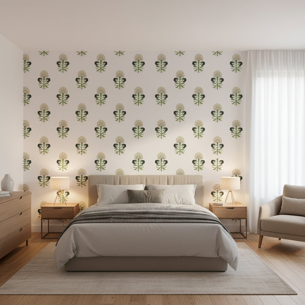 TYBEE BUD Black and Green | Thibaut Wallcoverings - Bedroom Visualization (AI-generated, may not be to scale. Verify pattern scale with product specifications.)