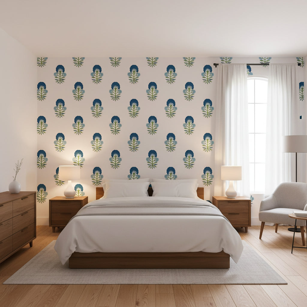 TYBEE BUD Green and Blue | Thibaut Wallcoverings - Bedroom Visualization (AI-generated, may not be to scale. Verify pattern scale with product specifications.)