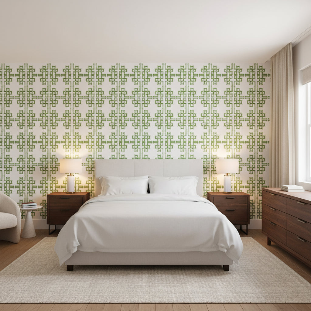 BOCA BAMBOO Green | Thibaut Wallcoverings - Bedroom Visualization (AI-generated, may not be to scale. Verify pattern scale with product specifications.)
