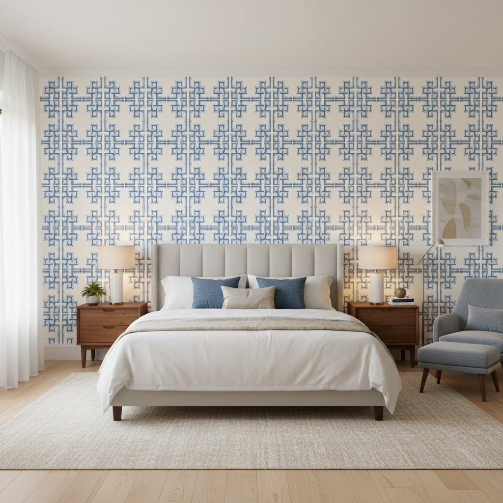 BOCA BAMBOO Blue | Thibaut Wallcoverings - Bedroom Visualization (AI-generated, may not be to scale. Verify pattern scale with product specifications.)