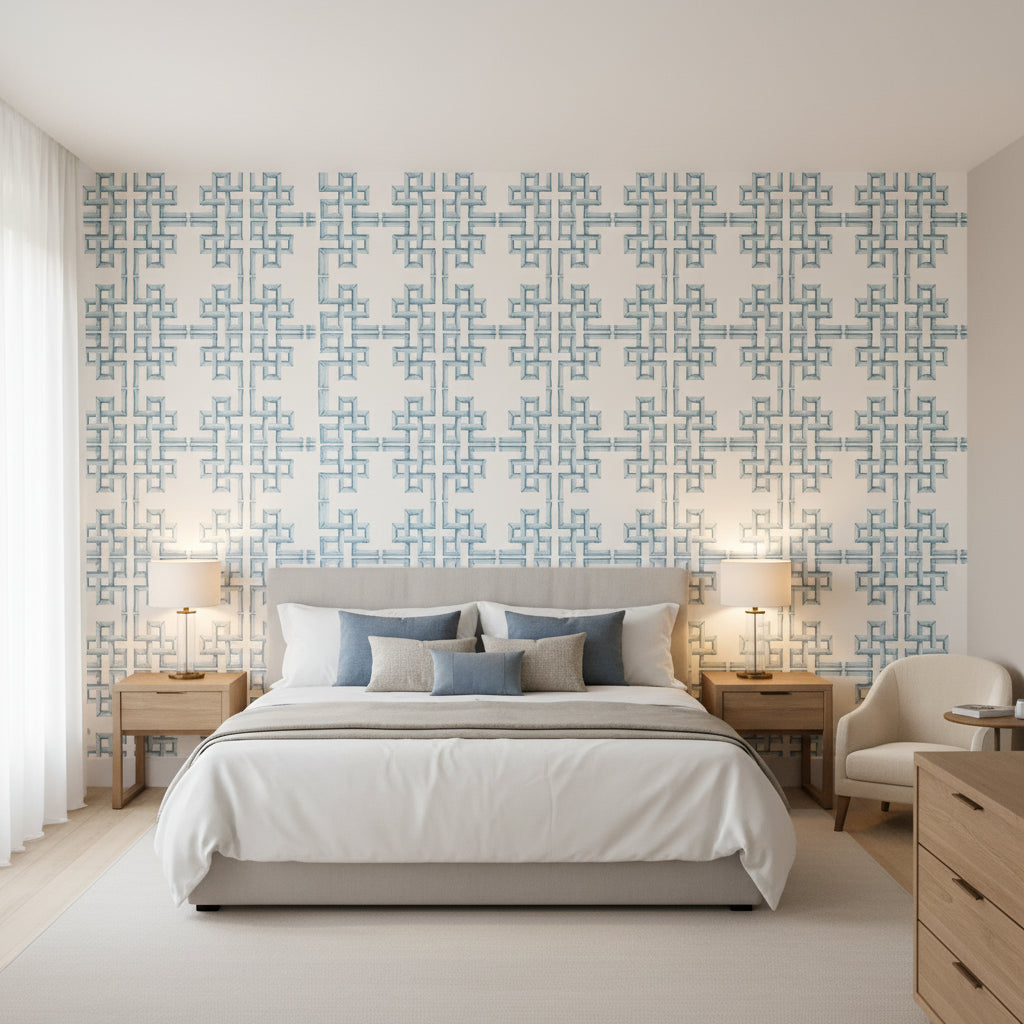 BOCA BAMBOO Spa Blue | Thibaut Wallcoverings - Bedroom Visualization (AI-generated, may not be to scale. Verify pattern scale with product specifications.)