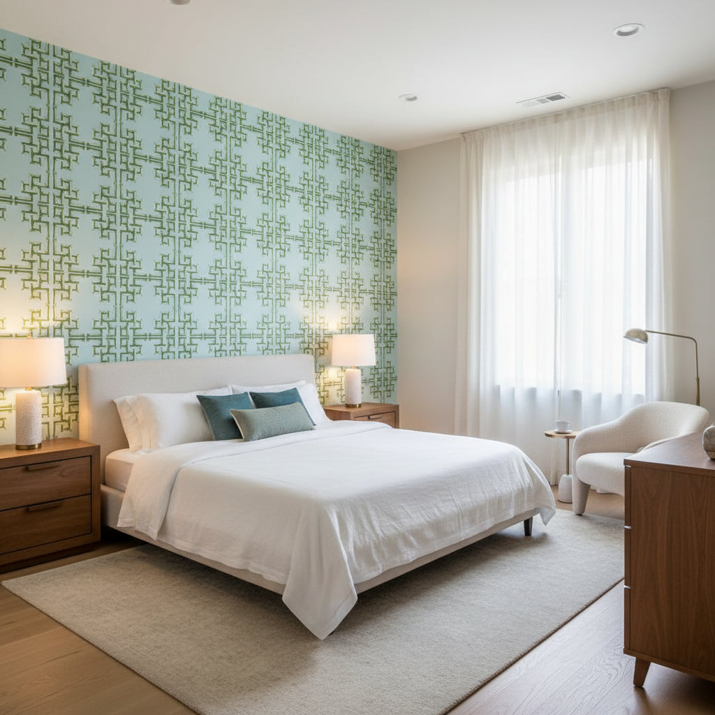 BOCA BAMBOO Green and Blue | Thibaut Wallcoverings - Bedroom Visualization (AI-generated, may not be to scale. Verify pattern scale with product specifications.)