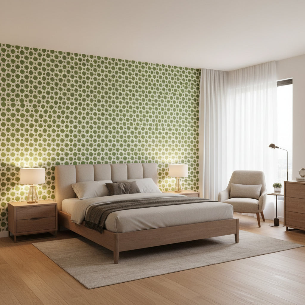 CHARTER Green | Thibaut Wallcoverings - Bedroom Visualization (AI-generated, may not be to scale. Verify pattern scale with product specifications.)