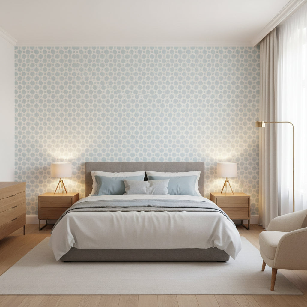 CHARTER Spa Blue | Thibaut Wallcoverings - Bedroom Visualization (AI-generated, may not be to scale. Verify pattern scale with product specifications.)