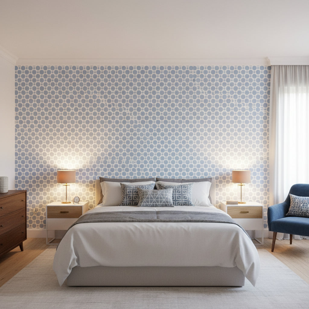 CHARTER Blue | Thibaut Wallcoverings - Bedroom Visualization (AI-generated, may not be to scale. Verify pattern scale with product specifications.)
