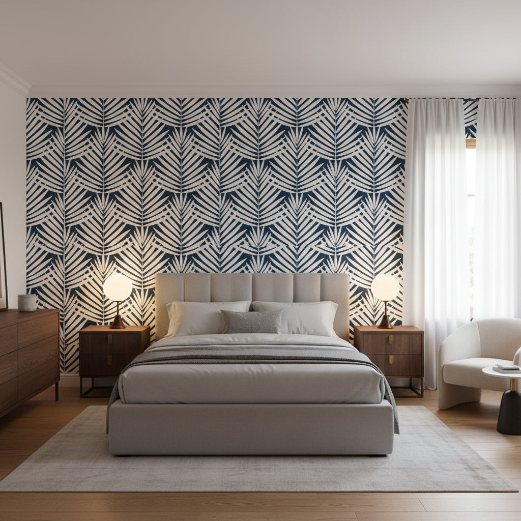 CROATIA Navy | Thibaut Wallcoverings - Bedroom Visualization (AI-generated, may not be to scale. Verify pattern scale with product specifications.)