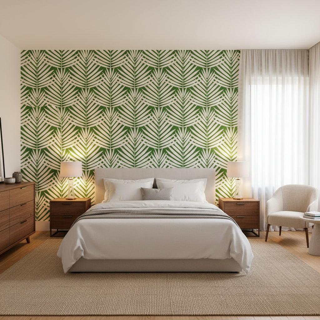 CROATIA Green | Thibaut Wallcoverings - Bedroom Visualization (AI-generated, may not be to scale. Verify pattern scale with product specifications.)