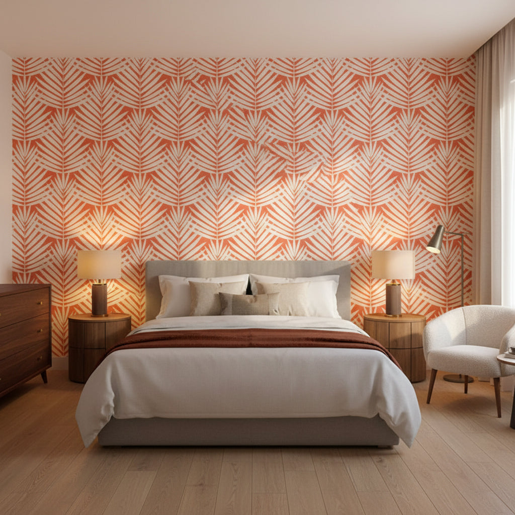 CROATIA Coral | Thibaut Wallcoverings - Bedroom Visualization (AI-generated, may not be to scale. Verify pattern scale with product specifications.)
