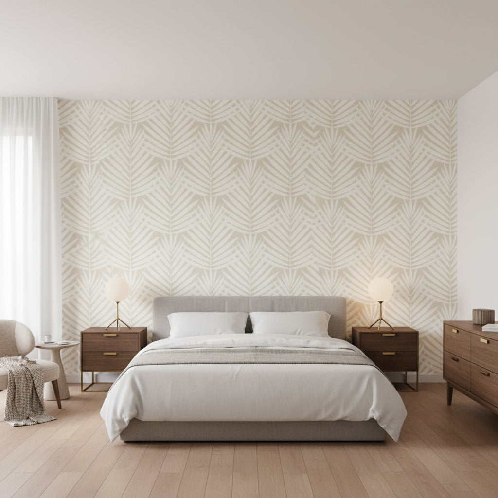 CROATIA Beige | Thibaut Wallcoverings - Bedroom Visualization (AI-generated, may not be to scale. Verify pattern scale with product specifications.)