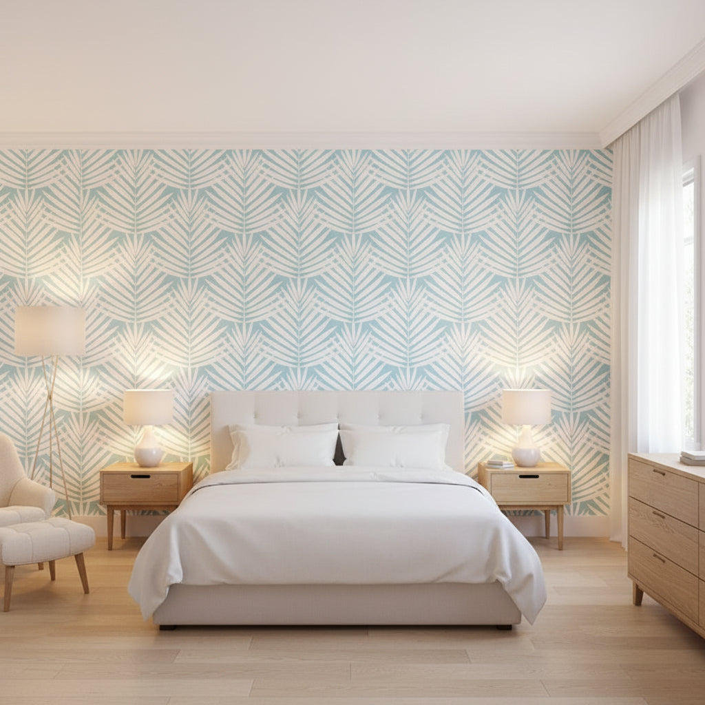 CROATIA Spa Blue | Thibaut Wallcoverings - Bedroom Visualization (AI-generated, may not be to scale. Verify pattern scale with product specifications.)