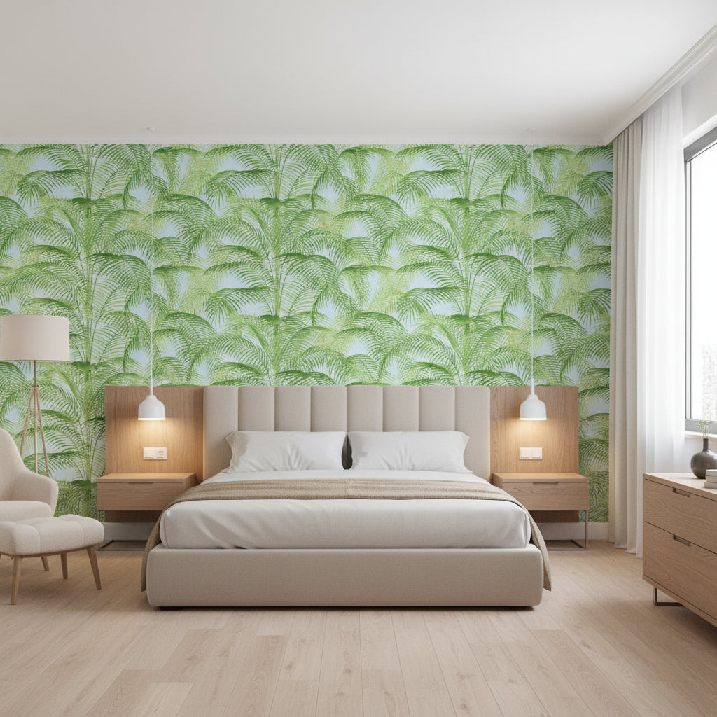 DELRAY Green and Blue | Thibaut Wallcoverings - Bedroom Visualization (AI-generated, may not be to scale. Verify pattern scale with product specifications.)