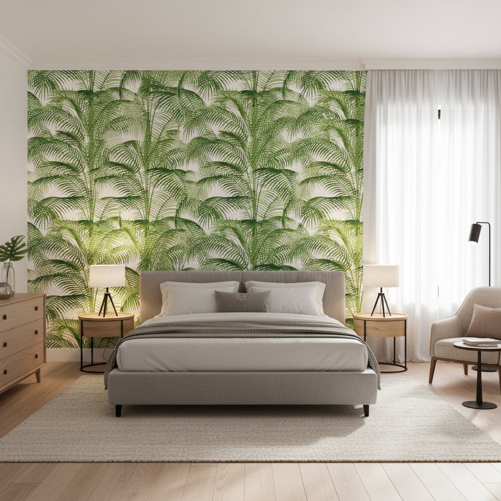 DELRAY Green | Thibaut Wallcoverings - Bedroom Visualization (AI-generated, may not be to scale. Verify pattern scale with product specifications.)
