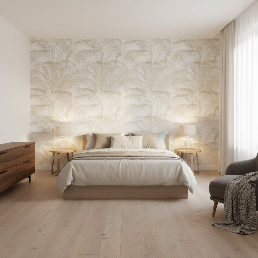 DELRAY Pearl | Thibaut Wallcoverings - Bedroom Visualization (AI-generated, may not be to scale. Verify pattern scale with product specifications.)