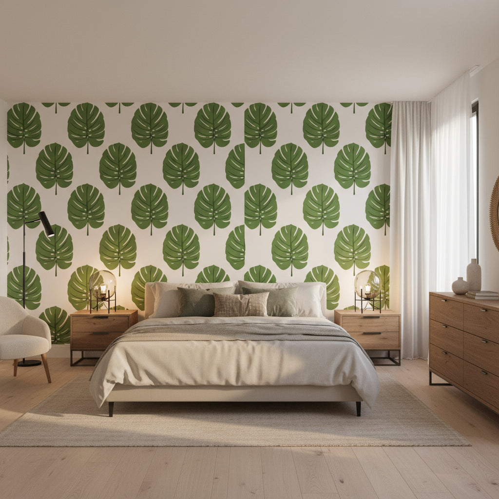 MONSTERA Green | Thibaut Wallcoverings - Bedroom Visualization (AI-generated, may not be to scale. Verify pattern scale with product specifications.)