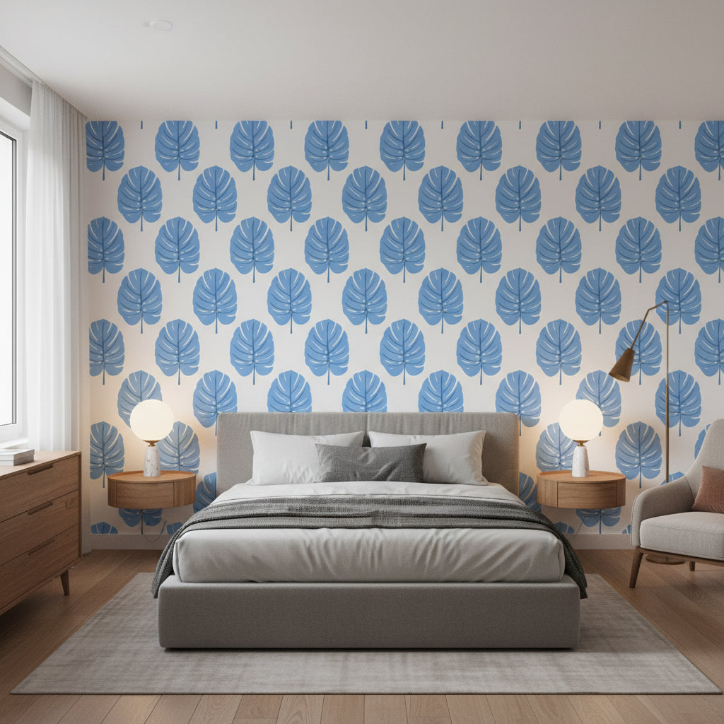 MONSTERA Blue | Thibaut Wallcoverings - Bedroom Visualization (AI-generated, may not be to scale. Verify pattern scale with product specifications.)