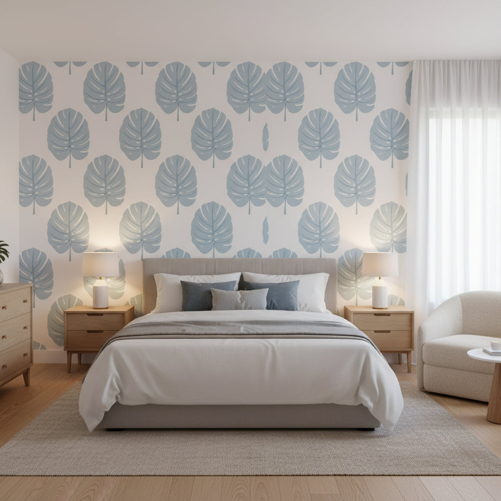 MONSTERA Spa Blue | Thibaut Wallcoverings - Bedroom Visualization (AI-generated, may not be to scale. Verify pattern scale with product specifications.)