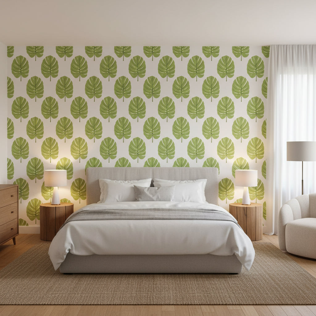 MONSTERA Apple Green | Thibaut Wallcoverings - Bedroom Visualization (AI-generated, may not be to scale. Verify pattern scale with product specifications.)