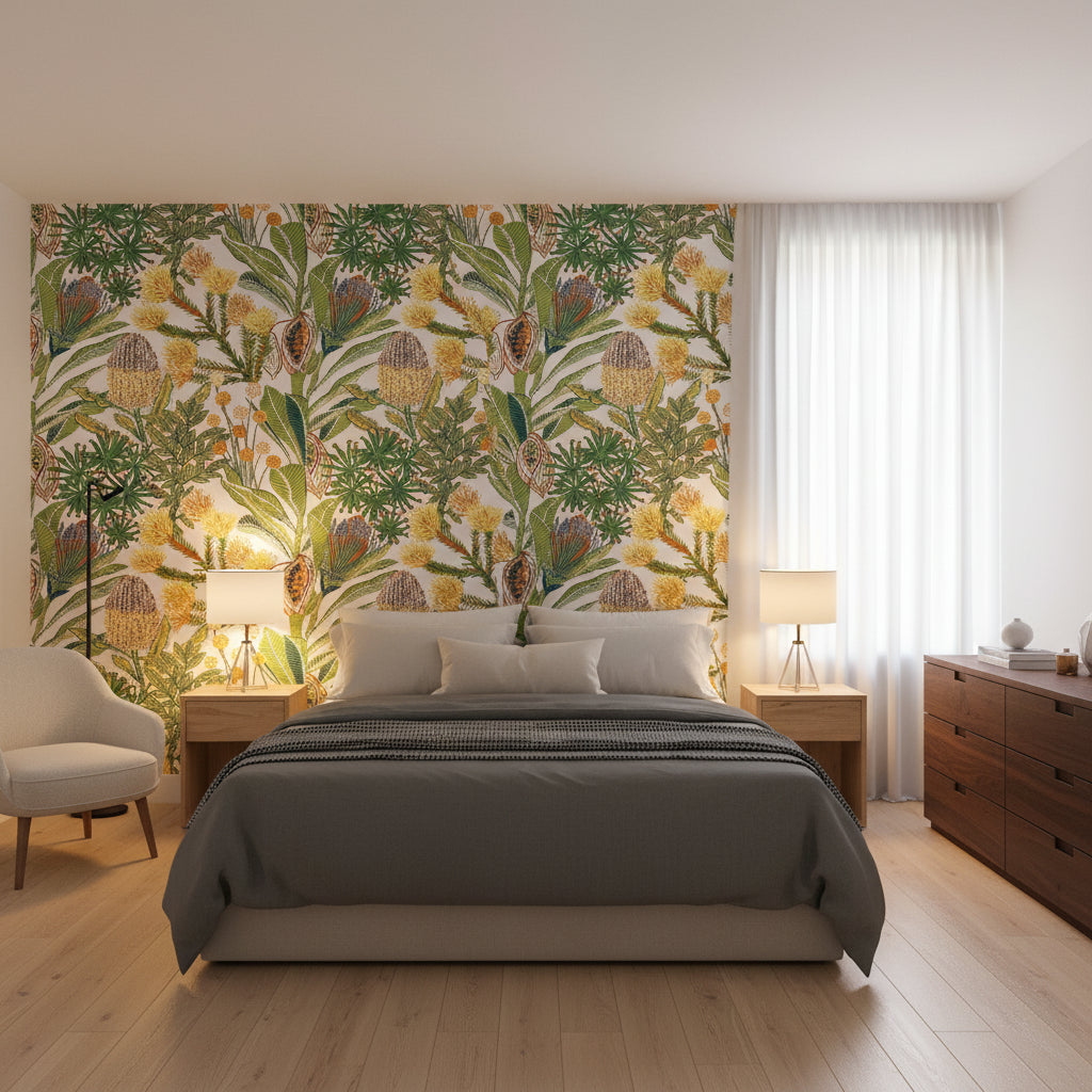 PROTEA Brights | Thibaut Wallcoverings - Bedroom Visualization (AI-generated, may not be to scale. Verify pattern scale with product specifications.)