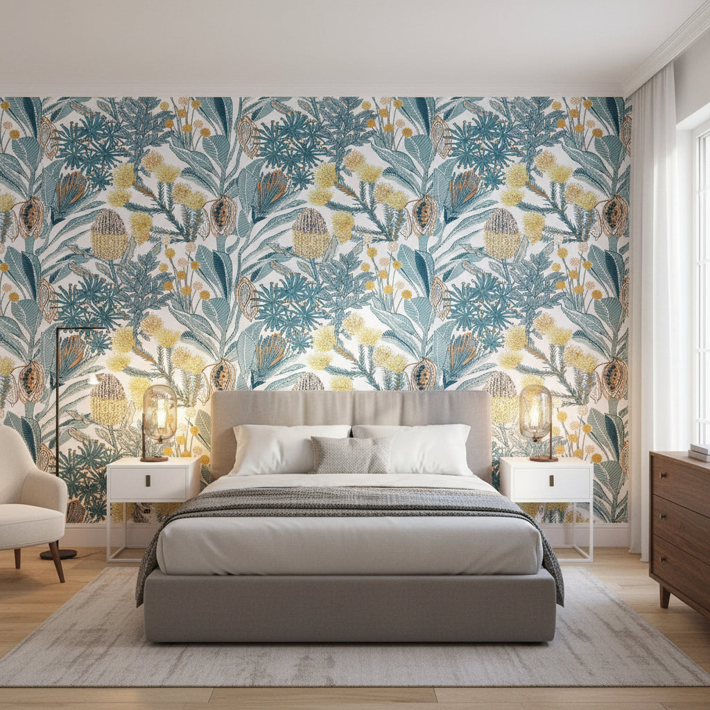 PROTEA Blue | Thibaut Wallcoverings - Bedroom Visualization (AI-generated, may not be to scale. Verify pattern scale with product specifications.)