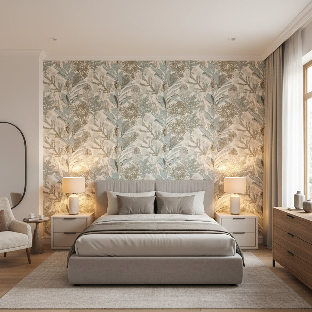 PROTEA Neutral and Spa Blue | Thibaut Wallcoverings - Bedroom Visualization (AI-generated, may not be to scale. Verify pattern scale with product specifications.)