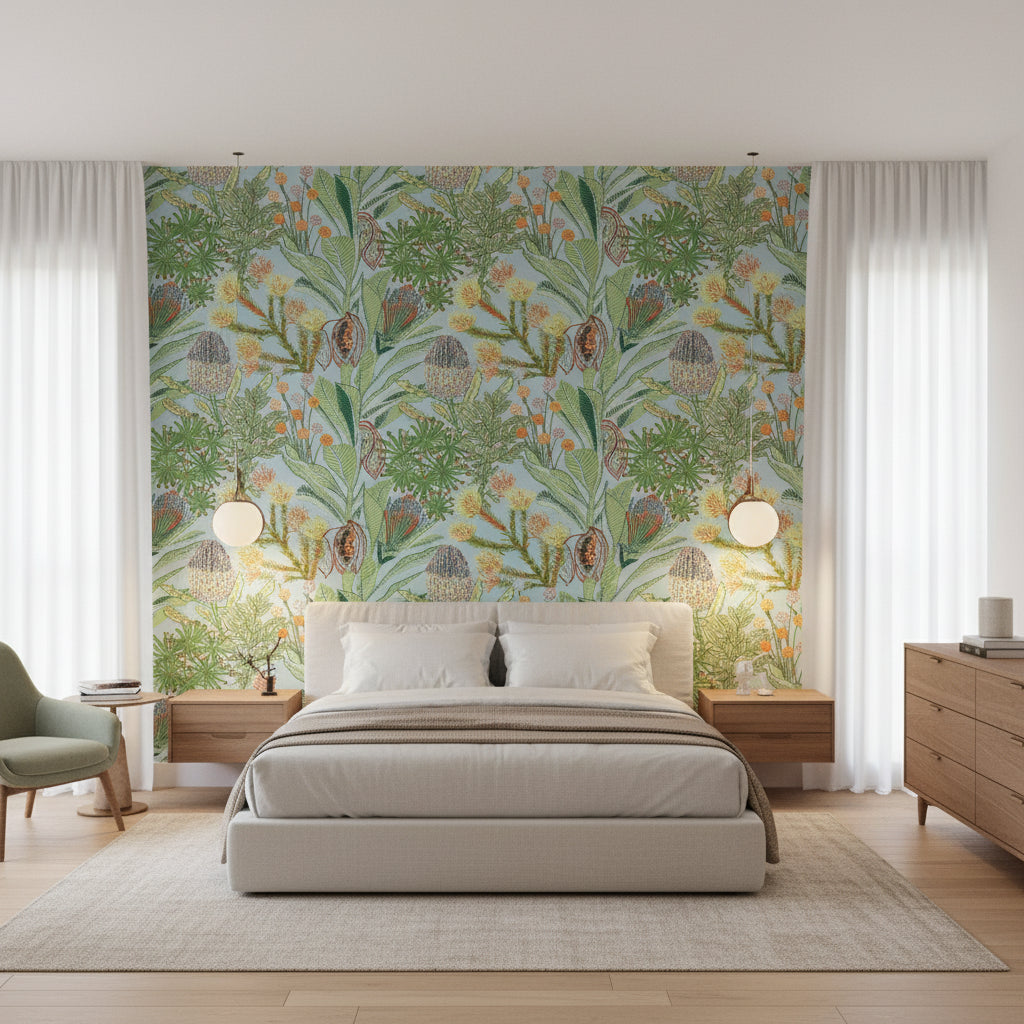 PROTEA Light Blue | Thibaut Wallcoverings - Bedroom Visualization (AI-generated, may not be to scale. Verify pattern scale with product specifications.)