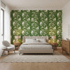 QUEEN PALM Green | Thibaut Wallcoverings - Bedroom Visualization (AI-generated, may not be to scale. Verify pattern scale with product specifications.)
