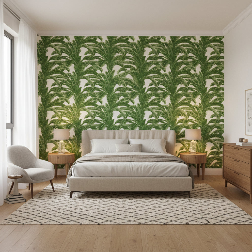 QUEEN PALM Green | Thibaut Wallcoverings - Bedroom Visualization (AI-generated, may not be to scale. Verify pattern scale with product specifications.)