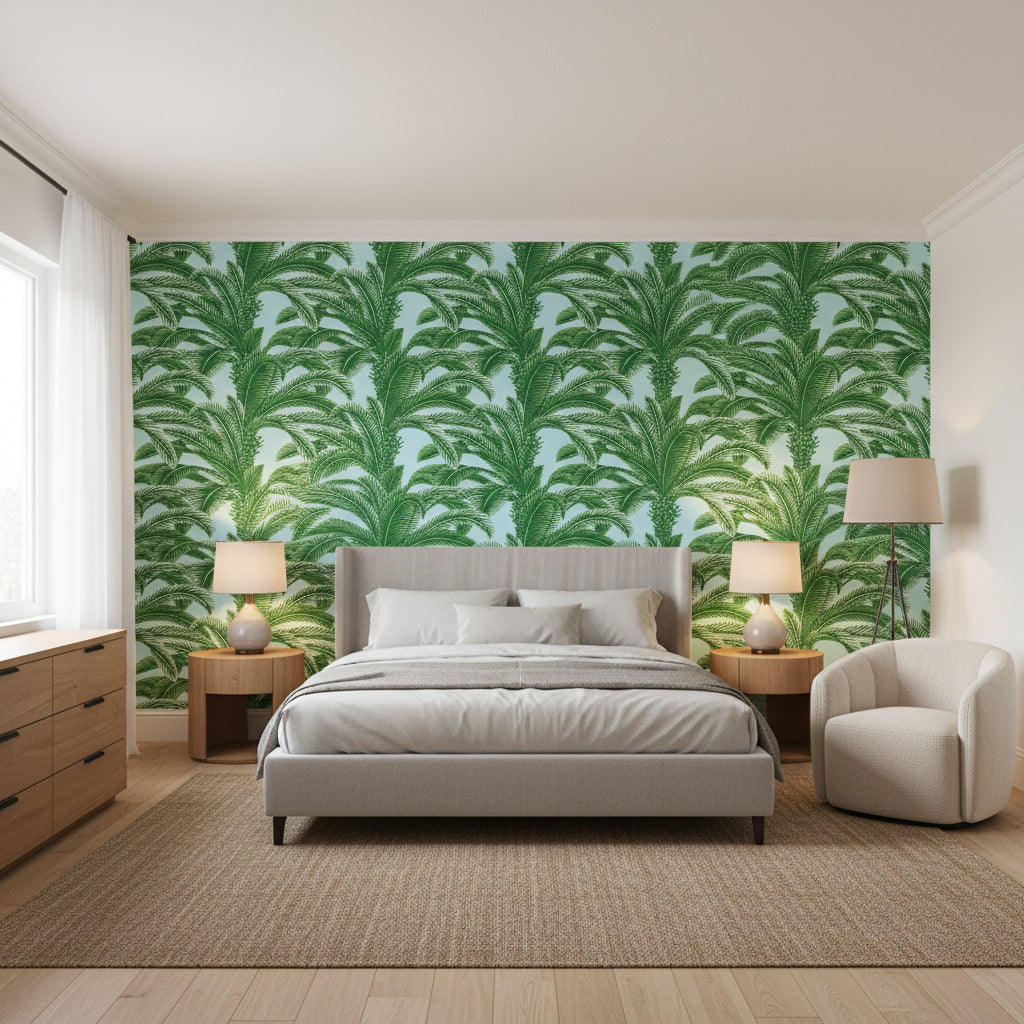 QUEEN PALM Green and Blue | Thibaut Wallcoverings - Bedroom Visualization (AI-generated, may not be to scale. Verify pattern scale with product specifications.)