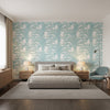 QUEEN PALM Spa Blue | Thibaut Wallcoverings - Bedroom Visualization (AI-generated, may not be to scale. Verify pattern scale with product specifications.)