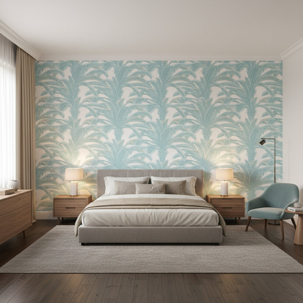 QUEEN PALM Spa Blue | Thibaut Wallcoverings - Bedroom Visualization (AI-generated, may not be to scale. Verify pattern scale with product specifications.)