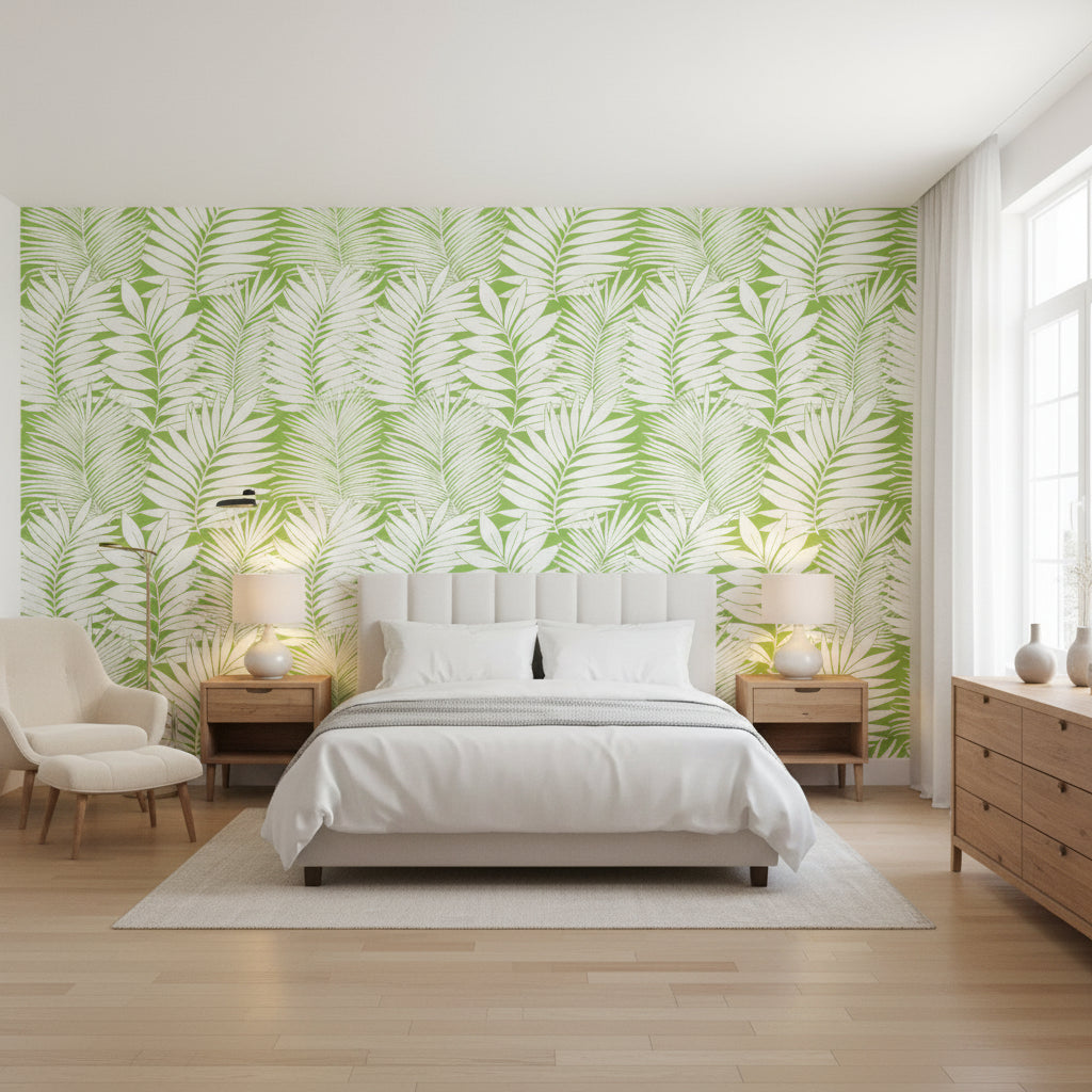 SIESTA KEY Green | Thibaut Wallcoverings - Bedroom Visualization (AI-generated, may not be to scale. Verify pattern scale with product specifications.)