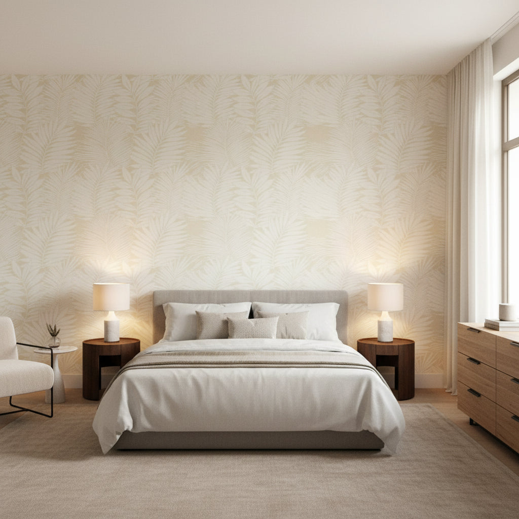 SIESTA KEY Beige | Thibaut Wallcoverings - Bedroom Visualization (AI-generated, may not be to scale. Verify pattern scale with product specifications.)