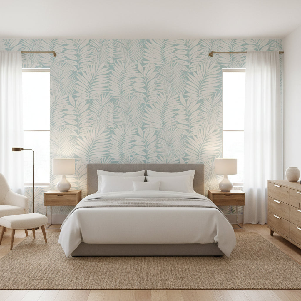 SIESTA KEY Spa Blue | Thibaut Wallcoverings - Bedroom Visualization (AI-generated, may not be to scale. Verify pattern scale with product specifications.)