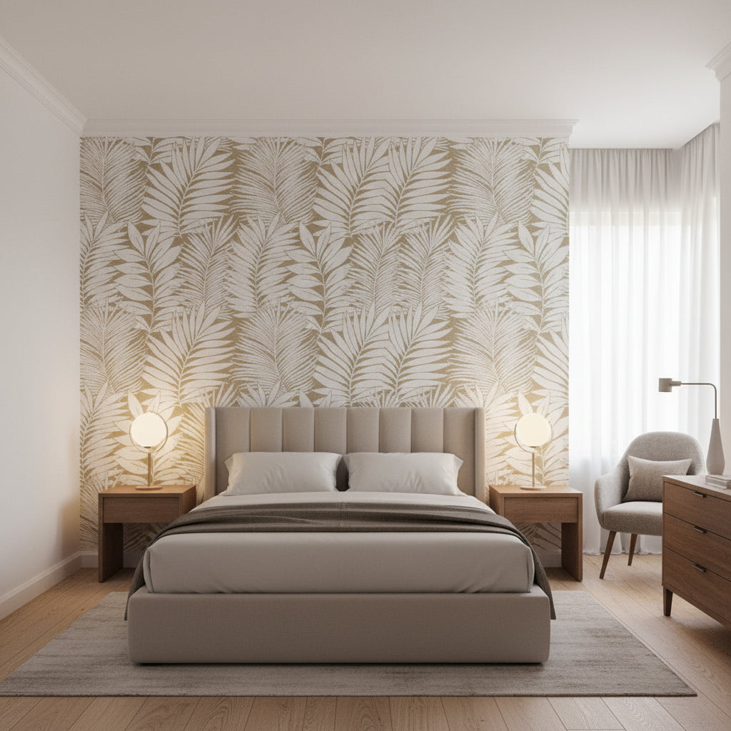SIESTA KEY Metallic Gold | Thibaut Wallcoverings - Bedroom Visualization (AI-generated, may not be to scale. Verify pattern scale with product specifications.)