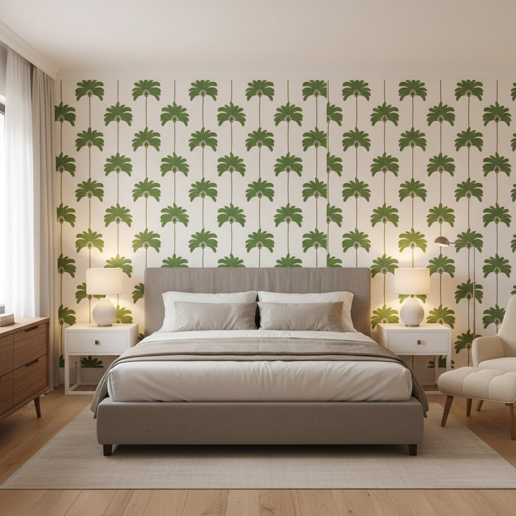 SUNSET BOULEVARD Green | Thibaut Wallcoverings - Bedroom Visualization (AI-generated, may not be to scale. Verify pattern scale with product specifications.)