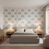SUNSET BOULEVARD Spa Blue | Thibaut Wallcoverings - Bedroom Visualization (AI-generated, may not be to scale. Verify pattern scale with product specifications.)