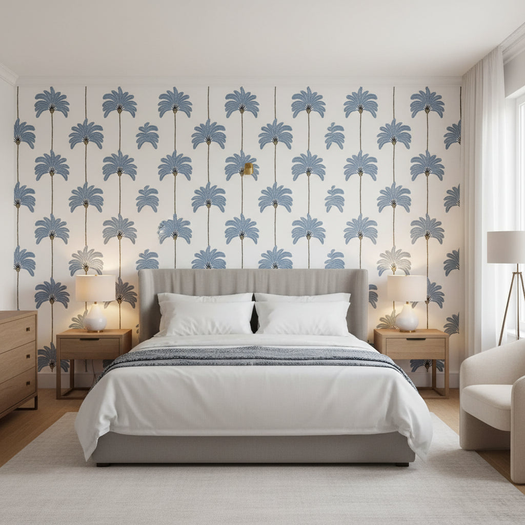 SUNSET BOULEVARD Blue | Thibaut Wallcoverings - Bedroom Visualization (AI-generated, may not be to scale. Verify pattern scale with product specifications.)
