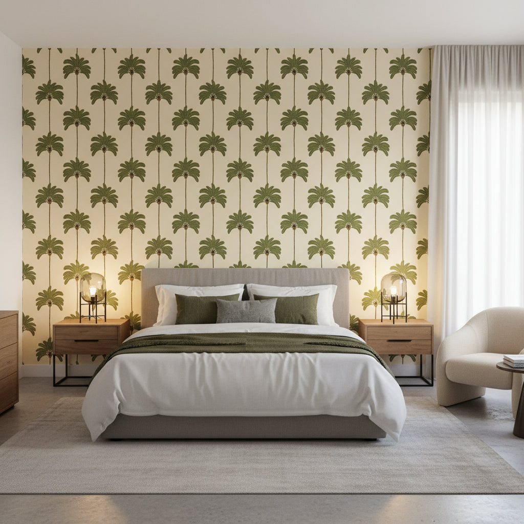 SUNSET BOULEVARD Beige | Thibaut Wallcoverings - Bedroom Visualization (AI-generated, may not be to scale. Verify pattern scale with product specifications.)