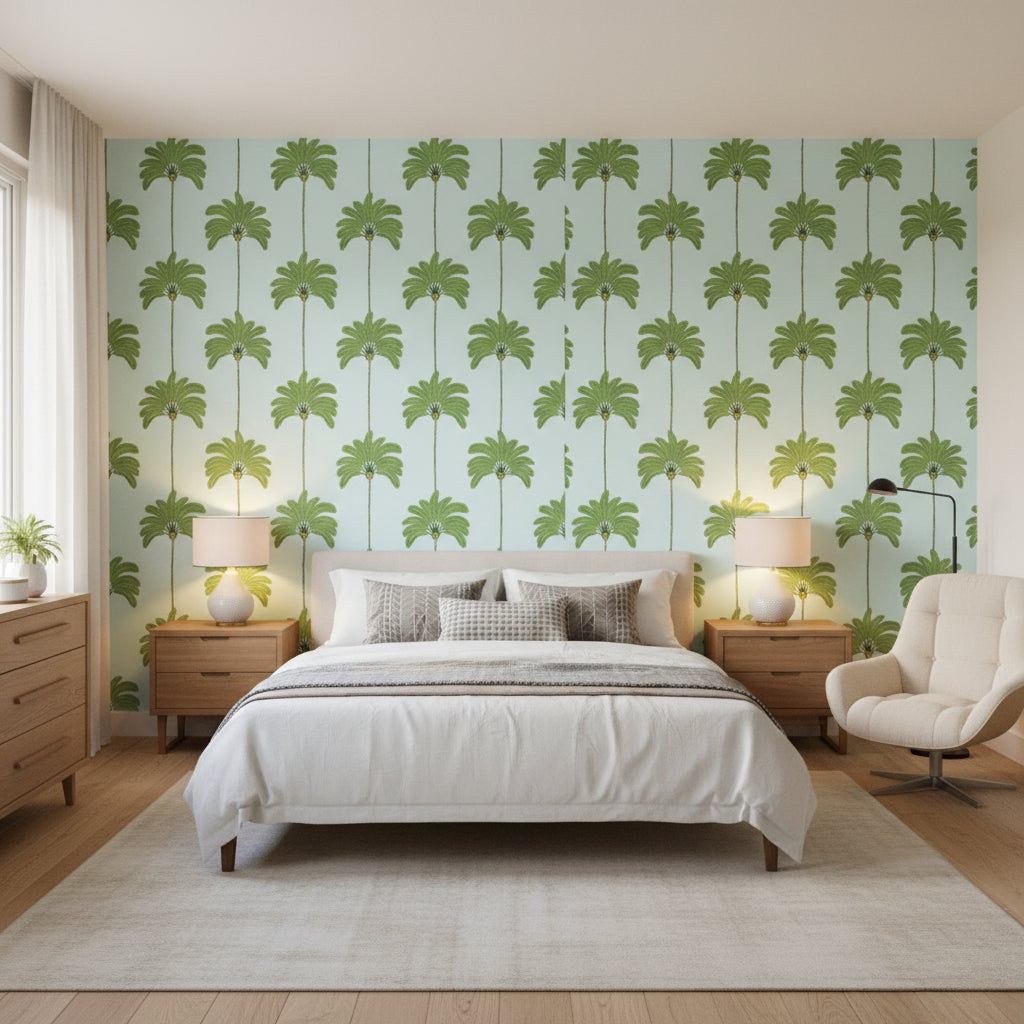 SUNSET BOULEVARD Green and Blue | Thibaut Wallcoverings - Bedroom Visualization (AI-generated, may not be to scale. Verify pattern scale with product specifications.)